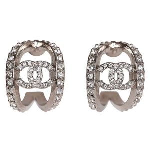 Chanel CC Huggie Silver and Crystal C Hoop Earrings